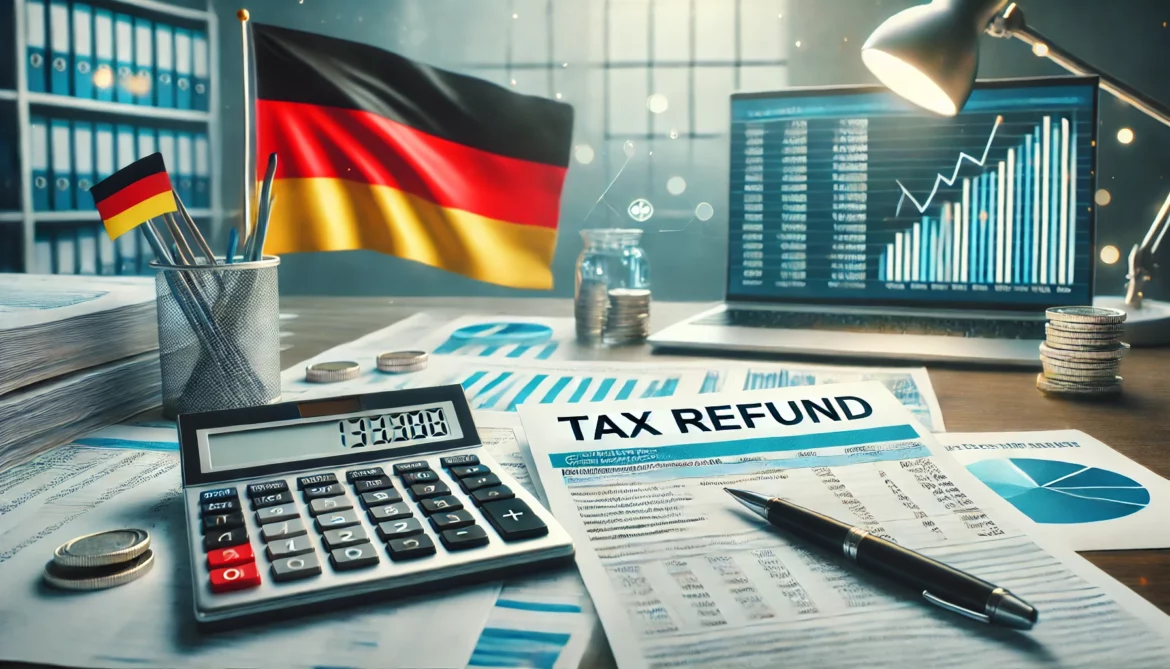 DALL·E 2025-01-04 16.47.26 – A professional and informative image representing tax refund in Germany, with documents like tax forms and a calculator in a clean office setting. The Zwrot podatku z Niemiec – Jak skutecznie odzyskać pieniądze?